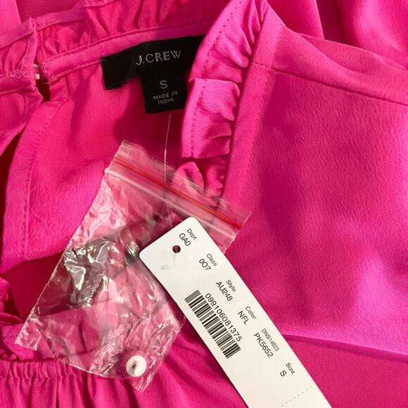 J. Crew Bright Pink Satin Crepe Ruffle Sleeve Top 3/4 Sleeve Small NWT - Picture 7 of 8